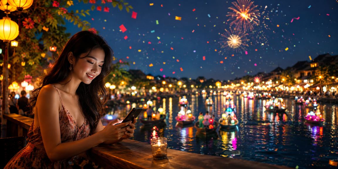 Người dùng tại Hội An ngồi trong quán cà phê, thư giãn và trải nghiệm casino trực tuyến trên điện thoại di động